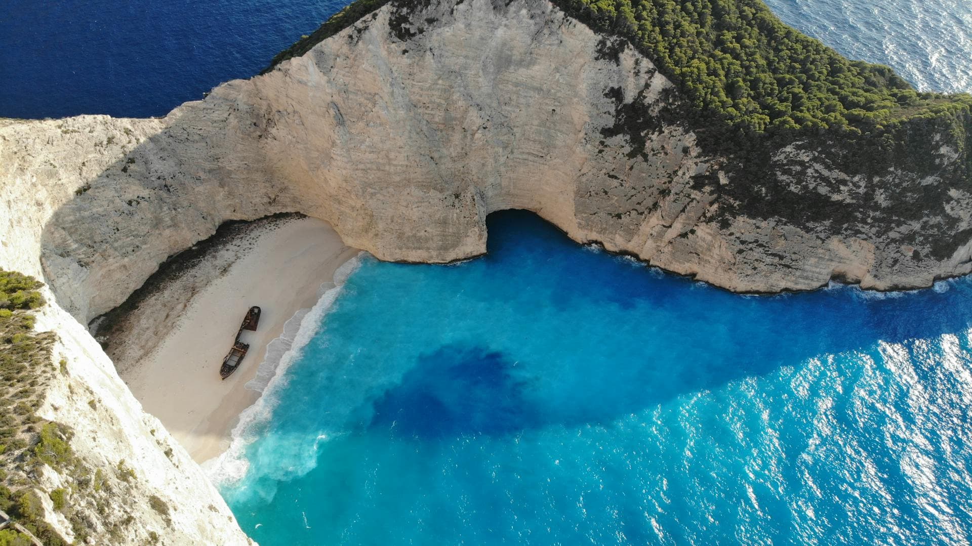 Navagio Beach, Zakynthos, Greece — turquoise water and white cliffs